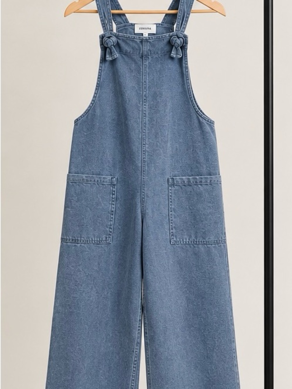 Zenana Outfitters Knot-Strap Wide-Leg Denim Overalls in Blue